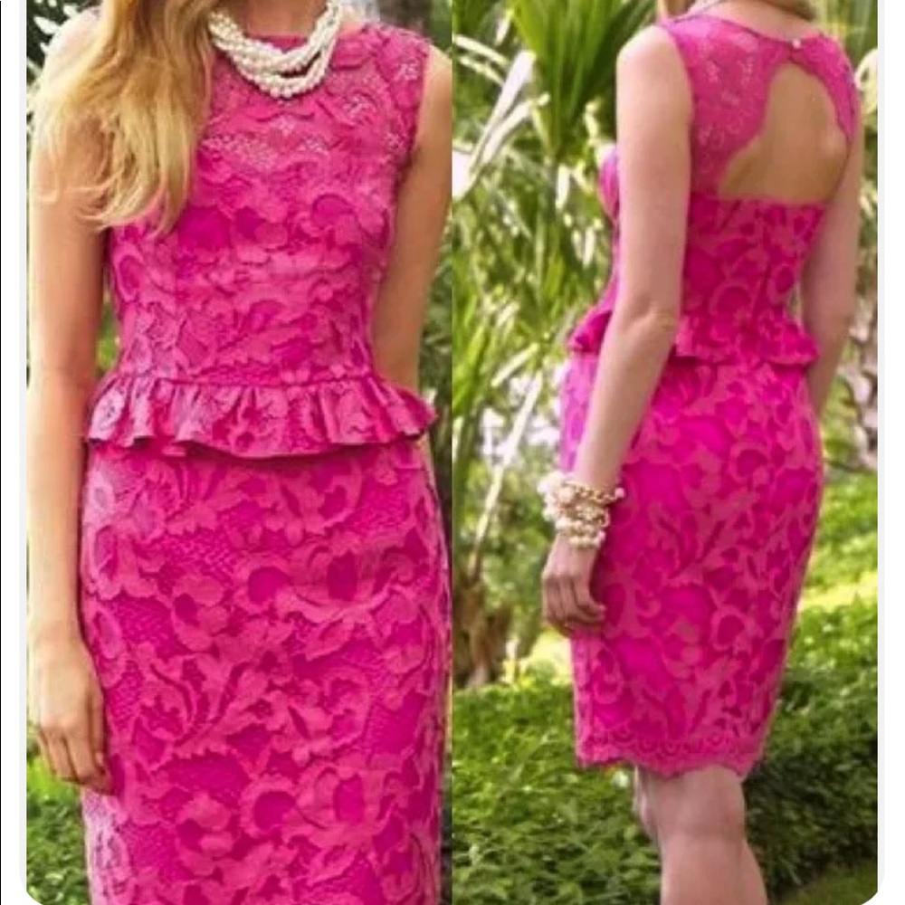 LILLY PULITZER KIRI MAMBO PINK ROMANTIC LACE Peplum Mini DRESS PINK SIZE 4 NEW